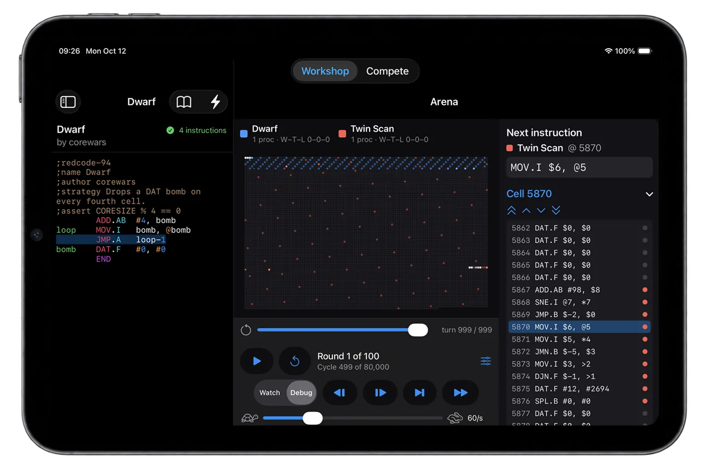 Core War Studio on iPad: the Dwarf in the editor, the Arena and the instruction inspector side by side