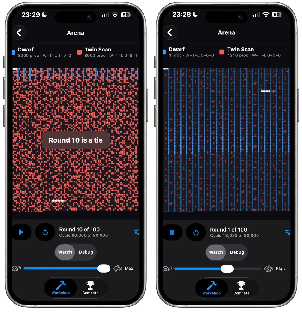 Core War Studio on iPhone: the Dwarf's bombs (blue) landing in a core of 8,000 cells, and a finished round that ended in a tie