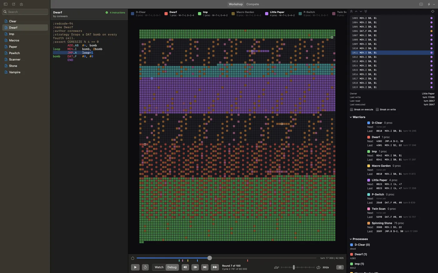 Core War Studio on a MacBook Pro: eight warriors fighting in the Arena, Debug mode with the inspector open
