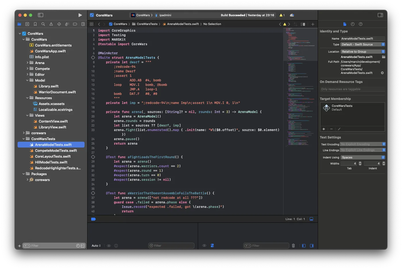 Xcode with a Swift test file: the Dwarf in Redcode, living inside a Swift string