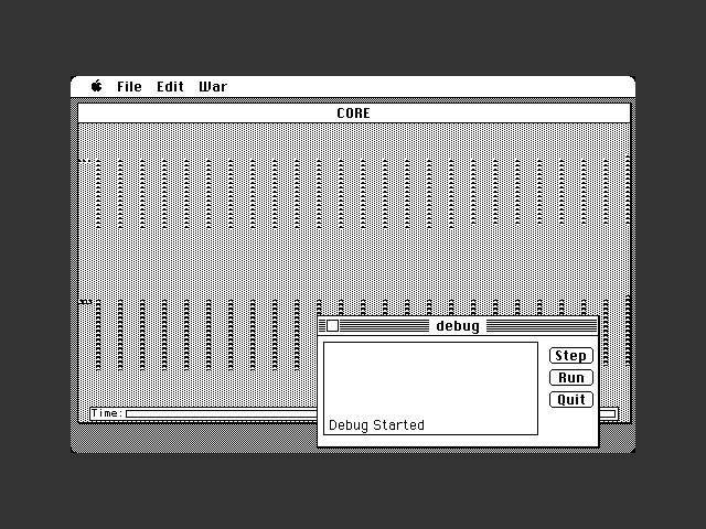 The Macintosh Core War from 1985, written by Robert Martin: a CORE window and a debug panel with Step, Run and Quit