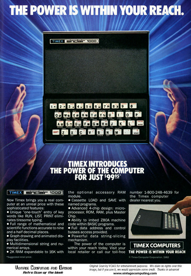 A Timex Sinclair 1000 advertisement — the American ZX81 clone, the second image that fits my memory a little better (scan via Vintage Computing and Gaming, vintagecomputing.com)