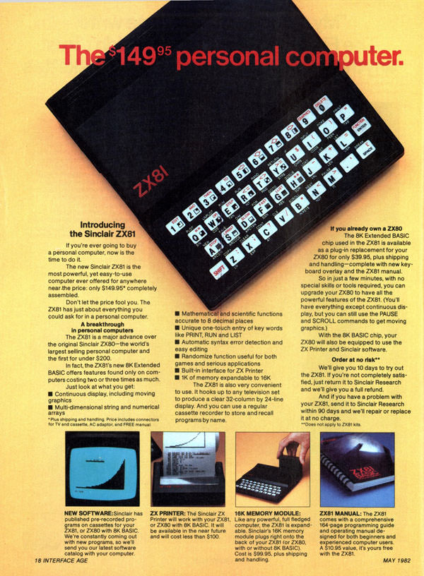 A Sinclair ZX81 ad as printed in Interface Age magazine, May 1982