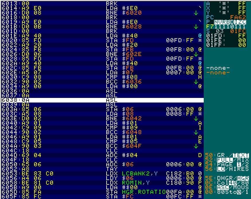 My own Apple II emulator/debugger session, tracing the slideshow routine